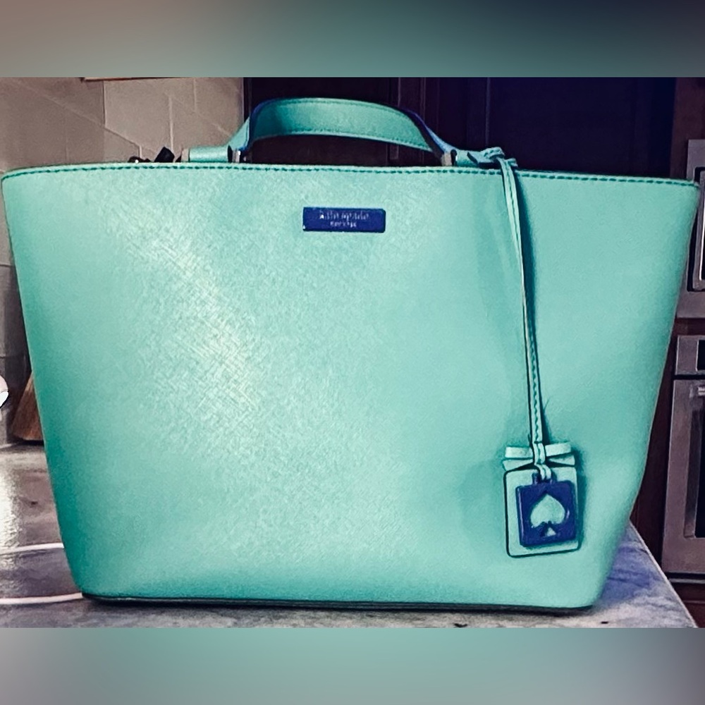 Kate Spade Medium Tote Bag Aqua Blue Saffiano Leather Purse Handbag
